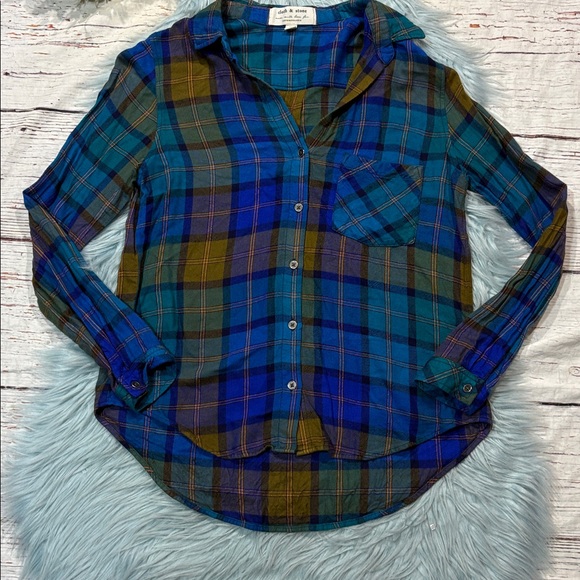 Anthropologie Cloth & Stone Shoshone plaid blue flannel button down top - Picture 5 of 9